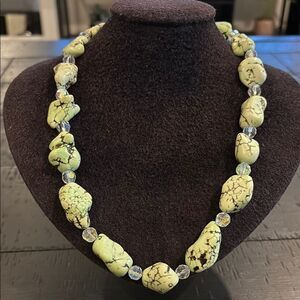 Green Howlite Chunky Stone Clear Beaded Freeform Nugget Handcrafted Necklace​​​